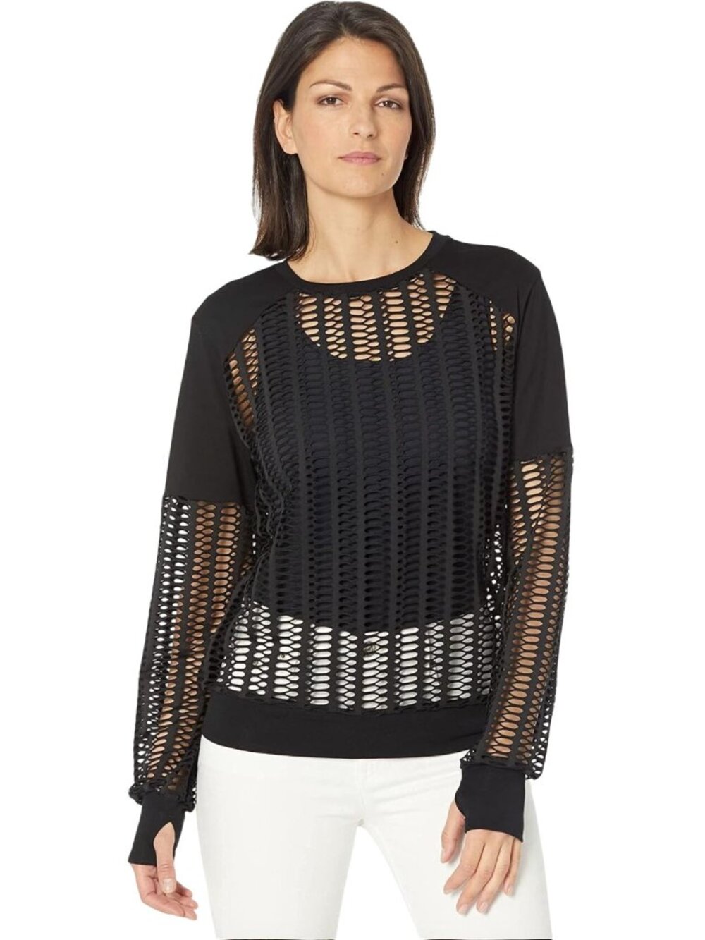 Blanc‎ Noir Black Linear Mesh Sweatshirt Top Sheer Cutout Thumbholes Size XS